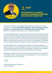 APPOINTMENT OF GENERAL MANAGER, CORPORATE SERVICES, AND COMPANY SECRETARY